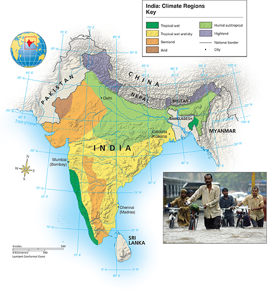 Climate map of India, China, Pakistan, and neighboring countries and cities. Climate variations are indicated by different colors on the map. Key to the map is also provided. 