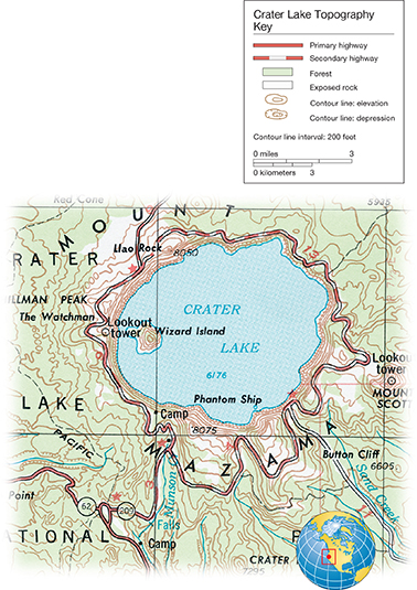 Map of Crater Lake with contour lines on a grid along with the key to the map.