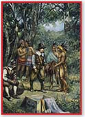 A rendering of Europeans trading goods with Native Americans.