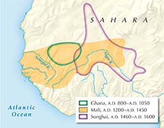 A map of West African kingdoms from A.D. 800 to A.D. 1600 outlining Ghana (A.D. 800-A.D. 1050), Mali (A.D. 1200-A.D. 1450), and Songhai (A.D. 1460-A.D. 1600).