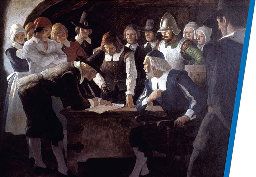 Some colonists signing the Mayflower Compact on November 11, 1620. 