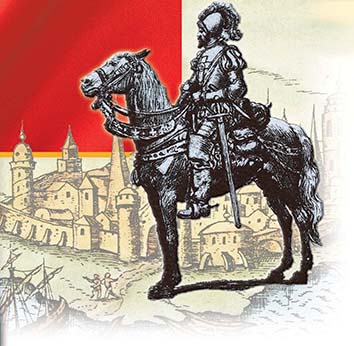 A rendering of Francisco Vasquez de Coronado on horseback in full armor in the forefront looking enraged, with a rendering of a small village in the background. 