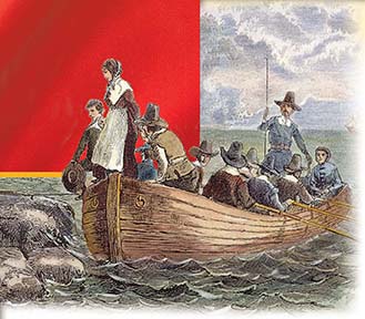 A drawing of a boat with few man sailing the boat and few men and women sitting inside the boat.