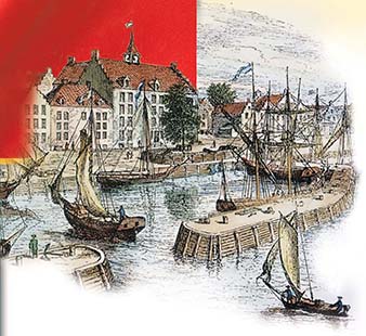 A rendering of Dutch New Amsterdam in the late 1600s with sailboats on the waterway.