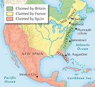 A map of North America showing which areas were claimed by Britain, France, and Spain.