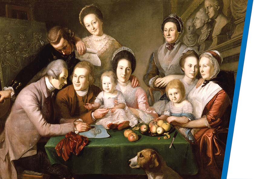 A painting of a family sitting at a table with a man drawing a picture. 