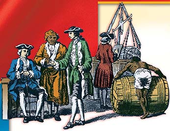 Merchants dealing at a port and a slave rolling a barrel.