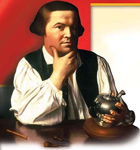 A portrait of Paul Revere holding a silver teapot.