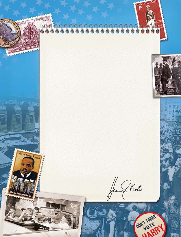 An image of a spiral notebook reflecting on why history matters and the importance of Lake Michigan as a natural resource. It also contains some stamps scattered around it, a photograph of a family in a car, and a Harry Truman campaign button. 