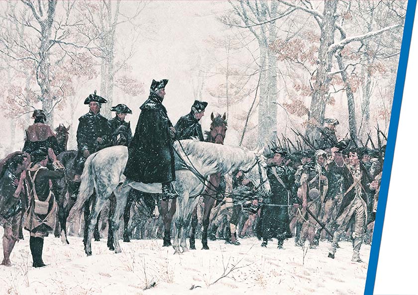 A painting of some men on horseback in the snow-clad area. 