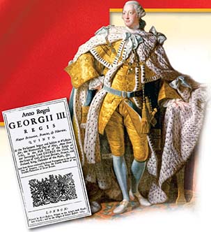 George III, king of England, and in inset, a clip of a news article about George III.