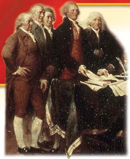 Men lined up to sign the Declaration of Independence.