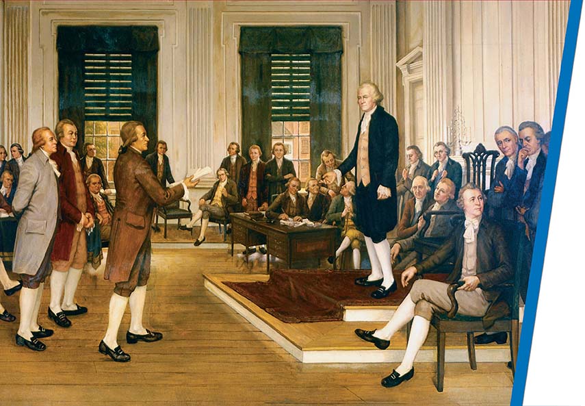 A painting of George Washington standing on a platform and a man approaching him with paper in hand. 