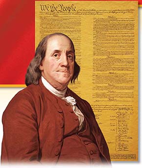 Benjamin Franklin in the front and the first page of the U.S. Constitution in the background.