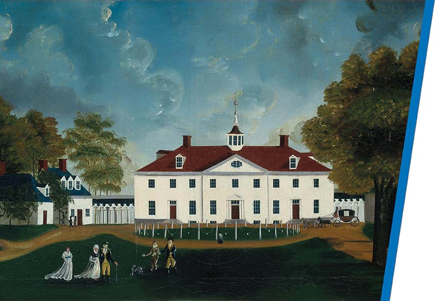 A painting of George Washington and his family standing outside his home at Mt. Vernon. 