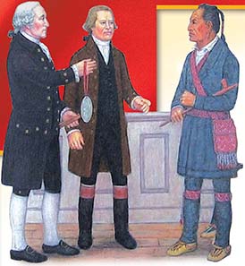 Washington presenting Red Jacket with a peace medal, while a third man observing.