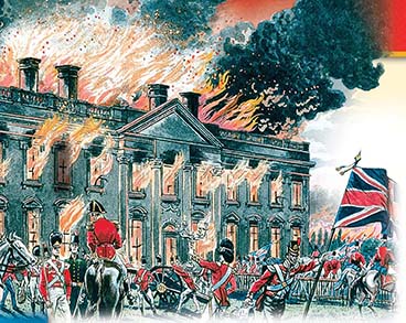 A rendering of the White House burning, as British soldiers stand in front watching it burn.