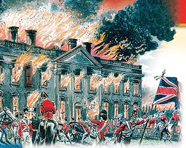 A rendering of the White House burning, as British soldiers stand in front watching it burn.