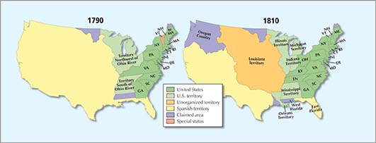 A map comparing U.S. territories between 1790 and 1810. It highlights Spain's loss of territory (Louisiana and Oregon), and the British loss of the Orleans territory.