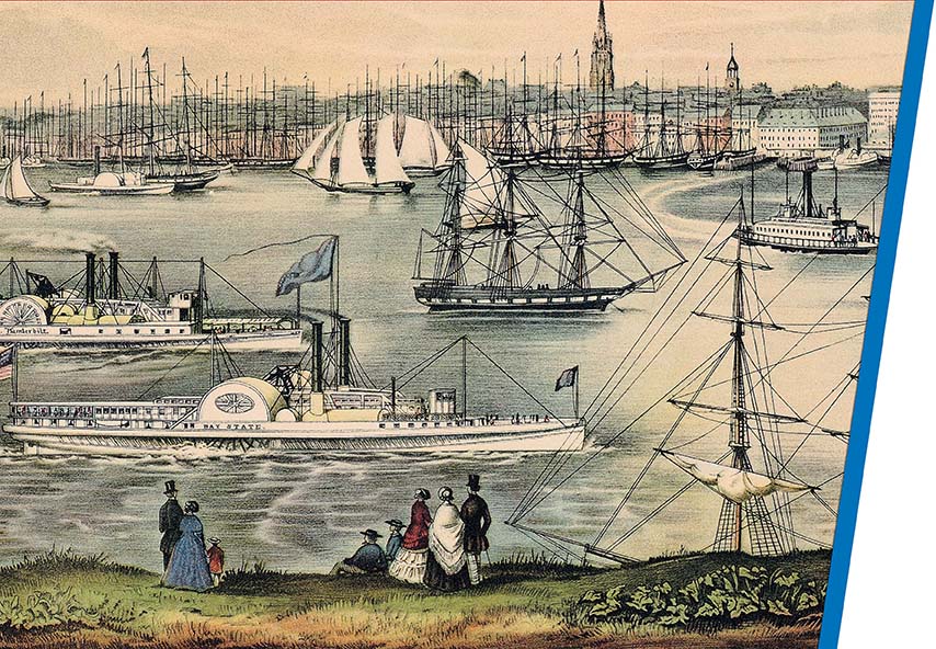 An etching of the New York Harbor with ships both sailing and docked, as men and women look on. 