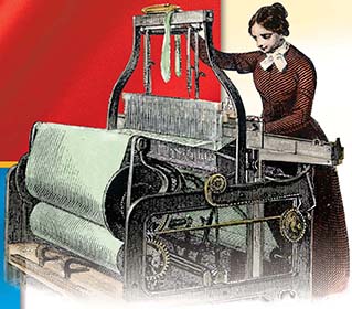 An etching of a girl weaving in a textile mill.