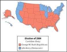 A map of the United States showing the states that voted for George Bush and John Kerry in the presidential elections of 2004.