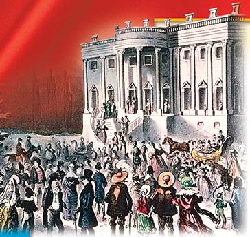 A rendering of people standing in front of the White House for Jackson's inauguration.