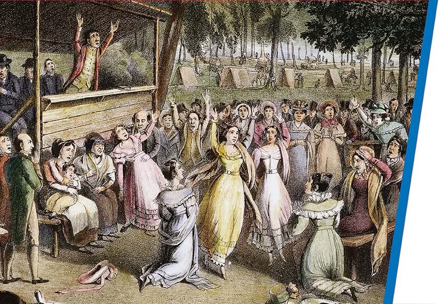 An etching of a camp meeting with men and women talking and gesturing.