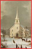 A painting of an early-1800s church, and church-goers walking in.