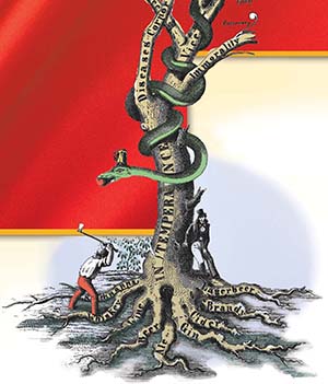 An illustration of a tree trunk with the words Temperance, Diseases, Vice, Immorality carved on it. Other vices are carved on the roots. A serpent is coiled around the branches, and a man leans against the trunk, while another cuts its roots with an axe.
