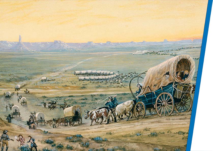 A painting of a mountain range with wagon trains and men on horseback traveling down the road.