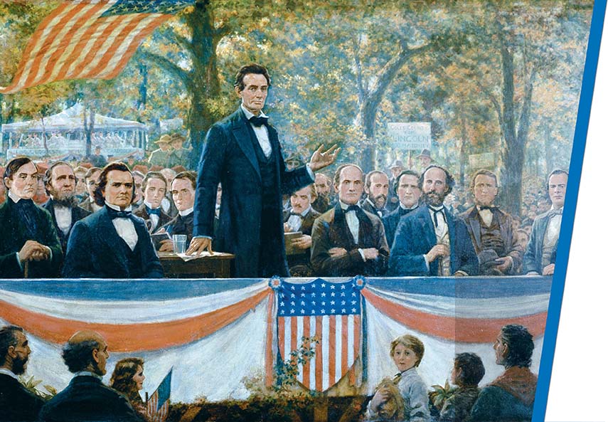 A painting of Abraham Lincoln talking as he stands behind a half-wall draped with a crested American flag. Men are sitting behind them, and he faces the men and women seated before him. An American flag flies in the background.