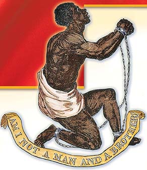 An illustration of a slave in chains, with a ribbon along the bottom labeled Am I Not a Man and a Brother?