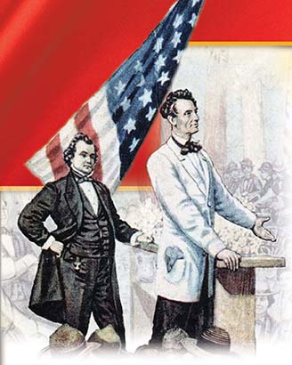 A rendering of Abraham Lincoln and Stephen Douglas debating. Lincoln is at the pulpit, while Douglas stands behind him. An American flag stands in the background.