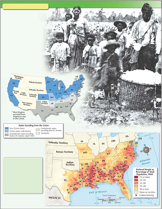 A photograph of slaves standing in a cotton field; a map of the U.S. illustrating states seceding from the Union; and a map depicting enslaved people as a percentage of the total population. 