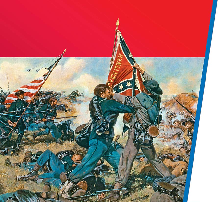 A painting of a Union soldier fighting a Confederate soldier over the Confederate flag at the Battle of Gettysburg, as Union soldiers charge forward. There are dead soldiers lying on the ground.