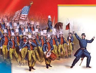 An illustration of men dressed in Uncle Sam costumes, marching in a parade with a drummer and a piper. A Union soldier wielding a sword leads them.