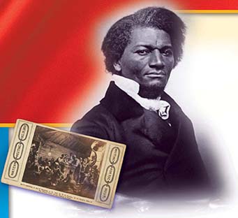 A portrait of Frederick Douglas, and an inset postcard of an African American gathering.