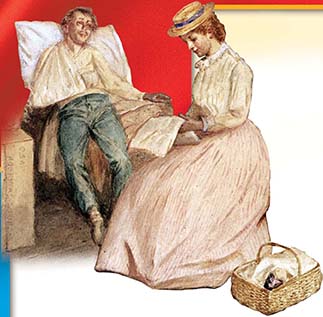 The painting of a woman seated at the bedside of a wounded man in hospital.