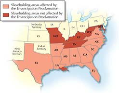 A map illustrating how slaveholding areas were affected by the Emancipation Proclamation.