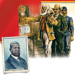 An illustration shows freedmen lining up to vote with one casting his ballot. In inset, it shows Hiram Revels, an African-American Senator, who assumed Jefferson Davis' Senate seat in 1870.