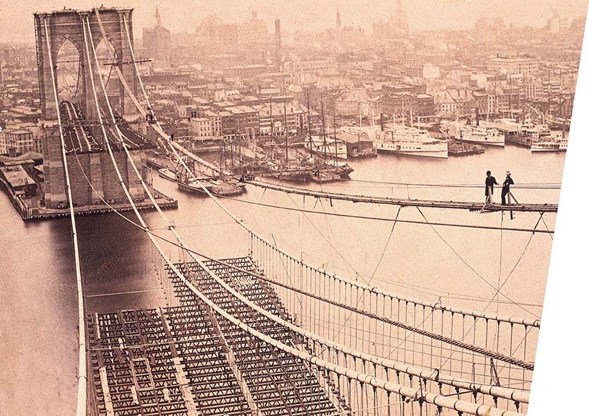 Brooklyn Bridge under construction.