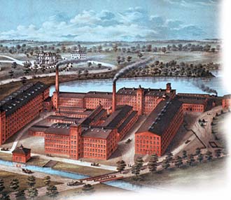 A historical print of several factory buildings set between two bodies of water.