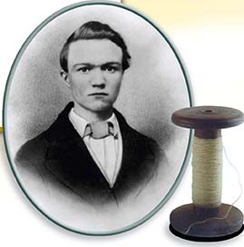Young Andrew Carnegie and a large, wooden thread bobbin.