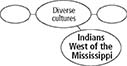 A concept web which provides details about Indians west of the Mississippi. Another circle connected to the main circle is entitled as diverse cultures and this circle has two more blank circles attached.