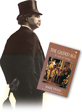 Mark Twain and his book cover titled as 'The Gilded Age, A Tale of Today'.