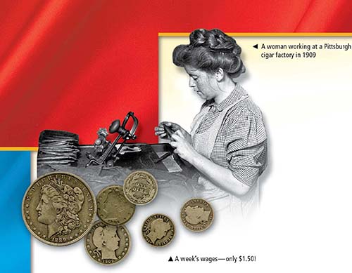 A montage of a woman working at a Pittsburgh cigar factory in 1909 and several U.S. coins dated between 1889 and 1909 that represented a week's wages - only 1.50 dollars!
