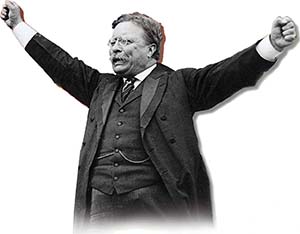 A photo of Theodore Roosevelt with his arms spread up and out.