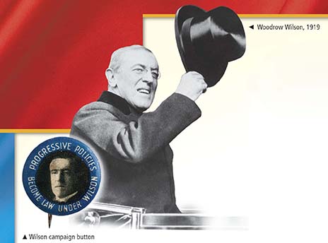 A photo of Woodrow Wilson raising his top hat and an inset photo of Woodrow Wilson's presidential campaign button.
