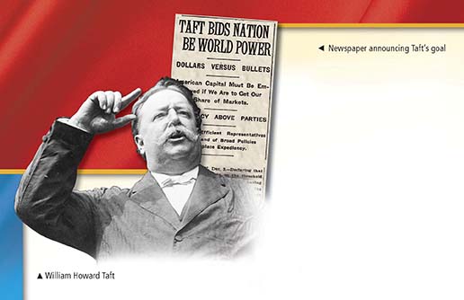 A montage of two photos: William Howard Taft is overlaying a photo f a news clipping with headline "Taft Bids Nation to be World Power."